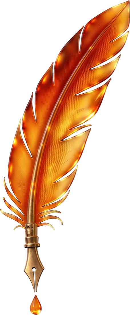 An amber feather quill with a brass nib and a falling drop of amber