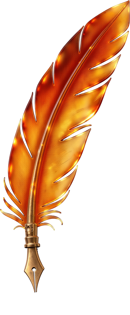 An amber feather quill with a brass nib and a falling drop of amber